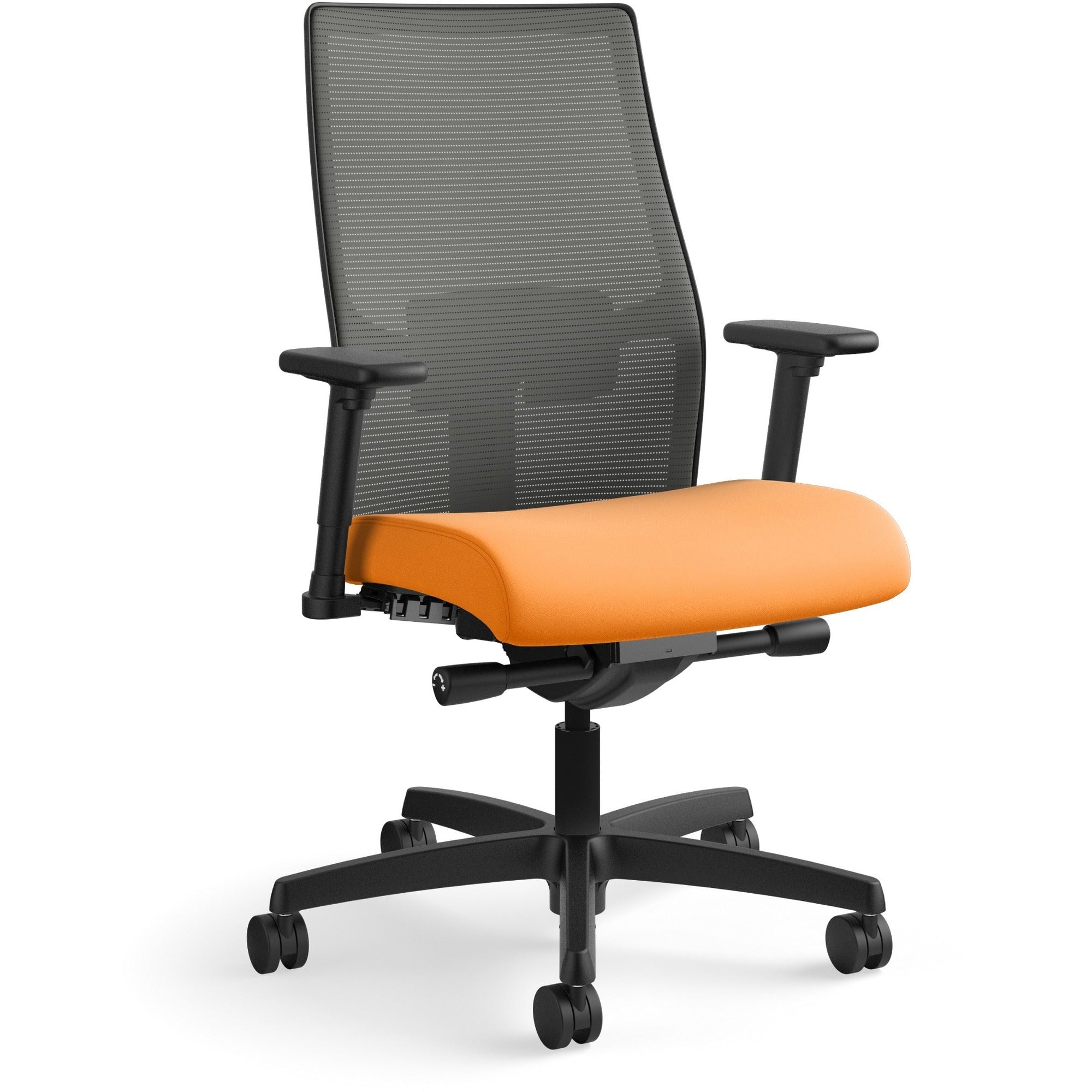 HON Ignition 2.0 Chair, Apricot Fabric Seat, Charcoal Mesh Mid Back, Black Frame, Adjustable Arms, 360° Swivel, 1 Each