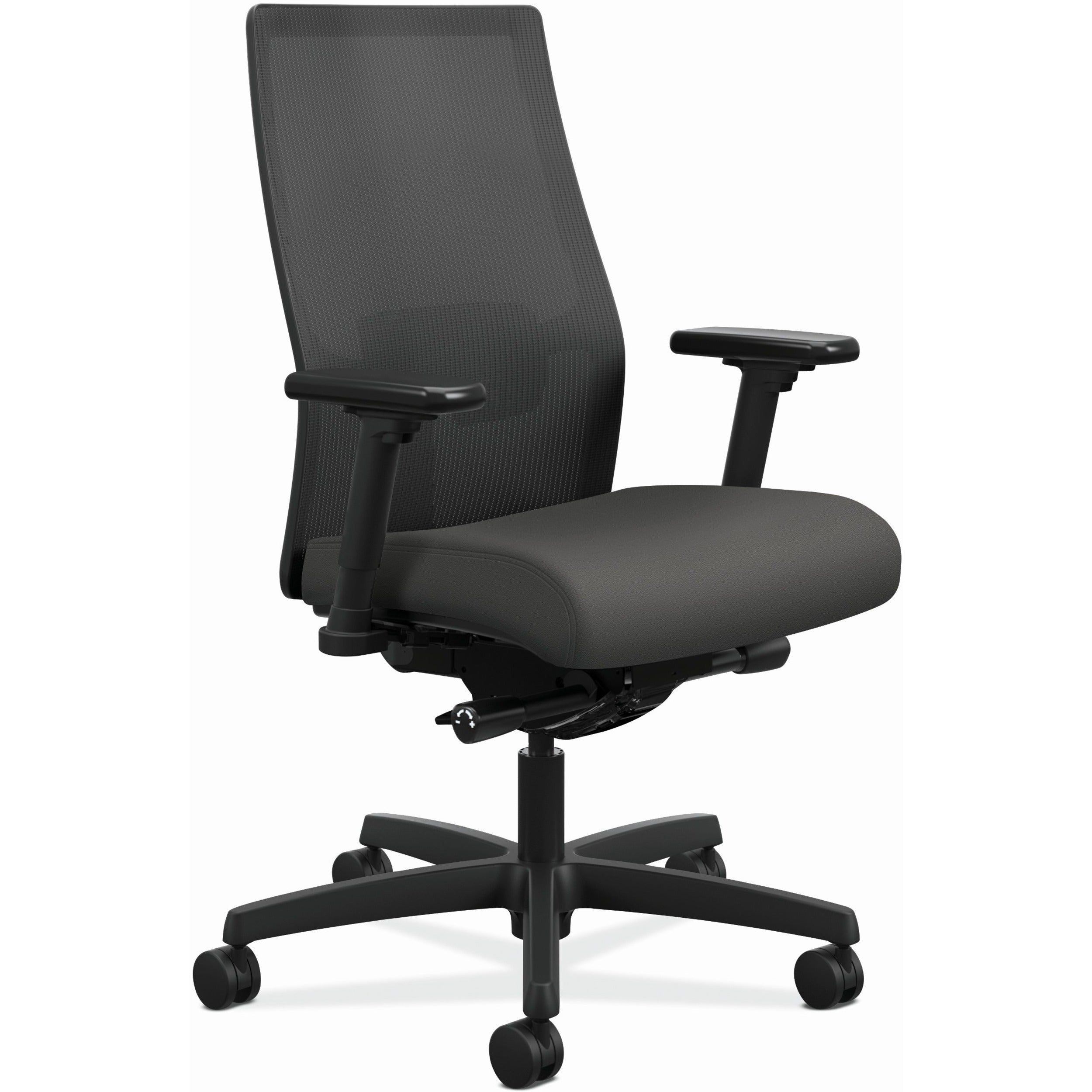 HON Ignition 2.0 Mid-Back Task Chair, Iron Ore Fabric Seat, Black Mesh Back, Adjustable Arms, Black Frame, 360° Swivel, 1 Each