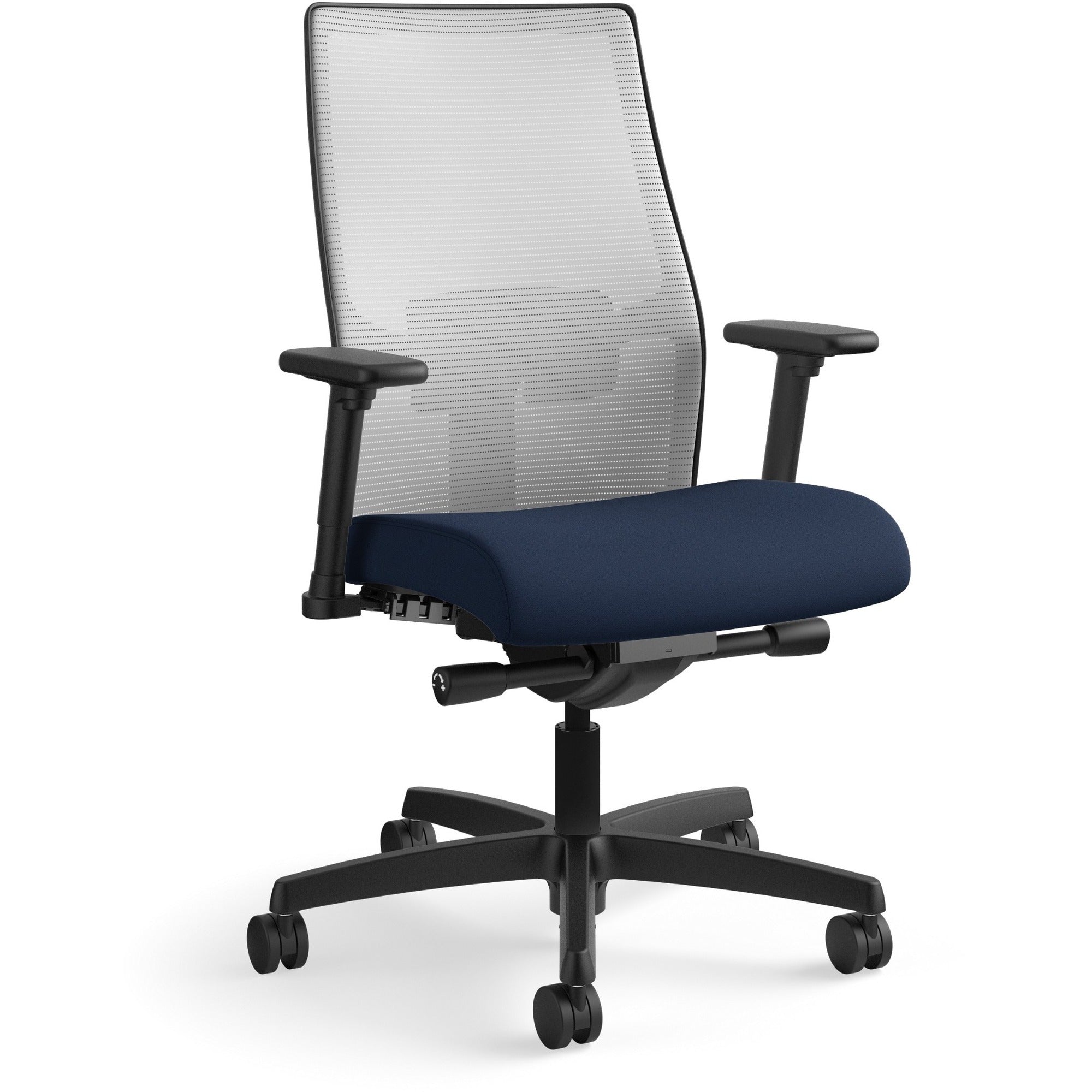 HON Ignition 2.0 Mid-Back Task Chair, Navy Fabric Seat, Fog Mesh Back, Black Frame, Adjustable Arms, 360° Swivel, 1 Each