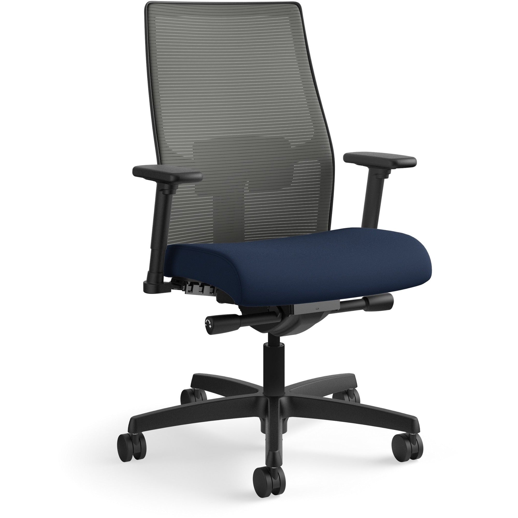 HON Ignition 2.0 Chair, Navy Fabric Seat, Charcoal Mesh Mid Back, Black Frame, Adjustable Arms, 1 Each