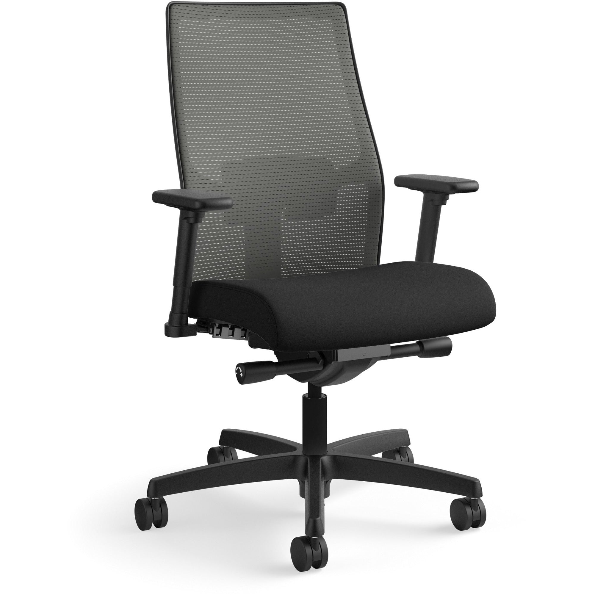 HON Ignition 2.0 Mid-Back Task Chair, Black Fabric Seat, Charcoal Mesh Back, Adjustable Arms, Black Frame, 1 Each