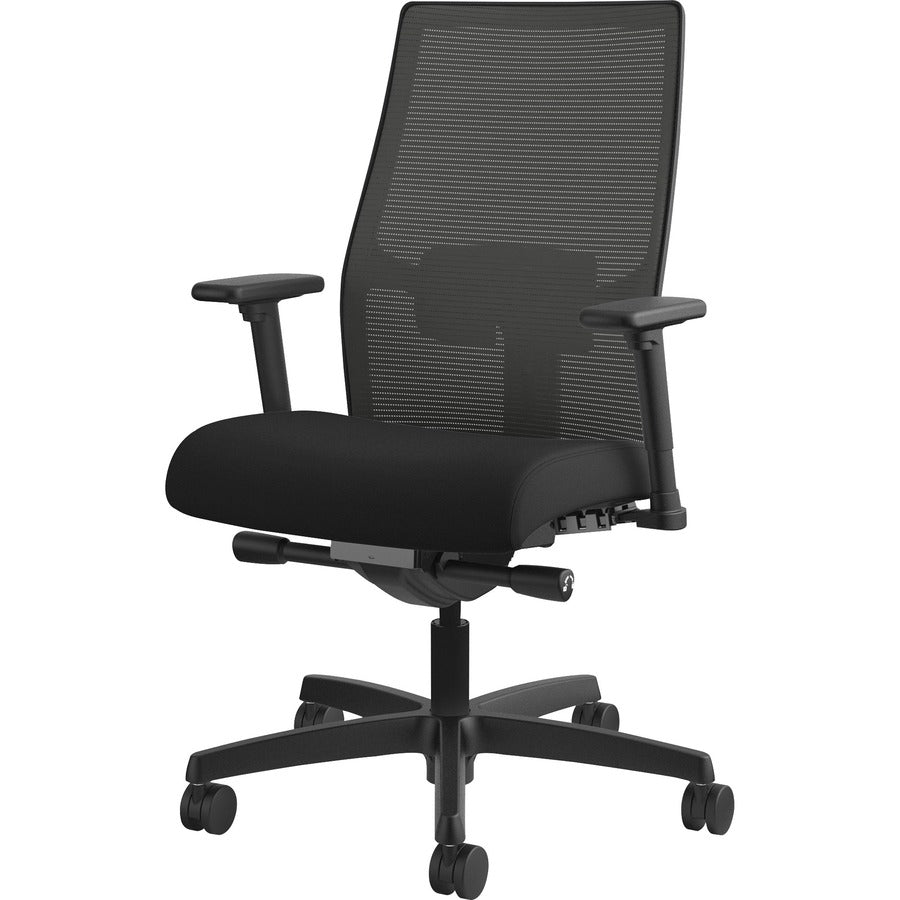 HON Ignition 2.0 Mid-Back Task Chair, Black Fabric Seat, Charcoal Mesh Back, Adjustable Arms, Black Frame, 1 Each