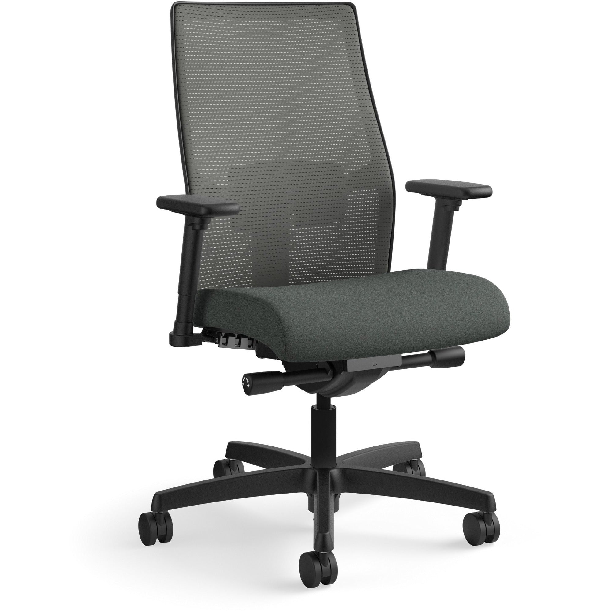 HON Ignition 2.0 Mid-Back Task Chair, Iron Ore Fabric Seat, Charcoal Mesh Back, Black Frame, Adjustable Arms, 360° Swivel, 1 Each