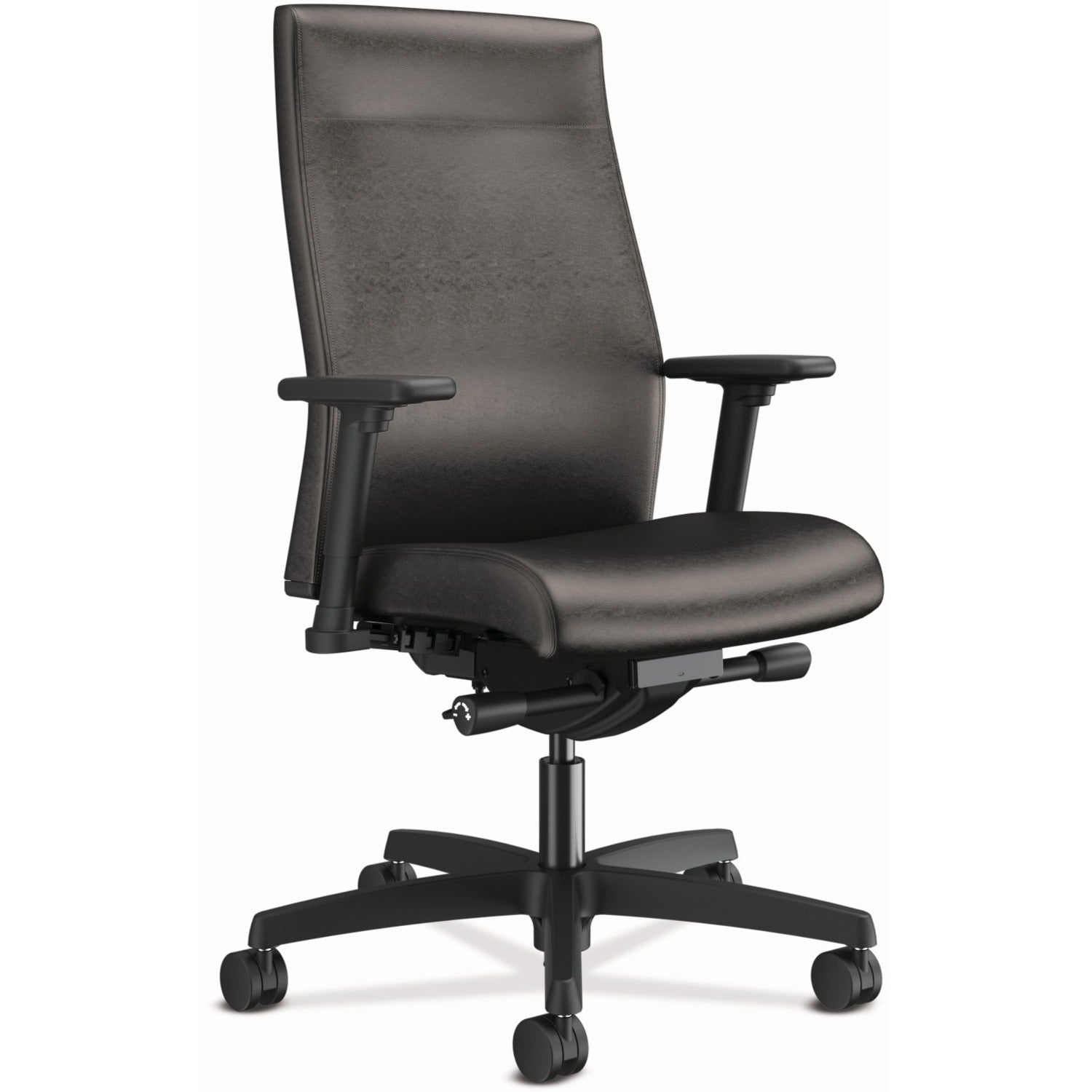 HON Ignition 2.0 Mid Back Task Chair, Black Vinyl Seat and Back, Adjustable Arms, Black Frame, 1 Each
