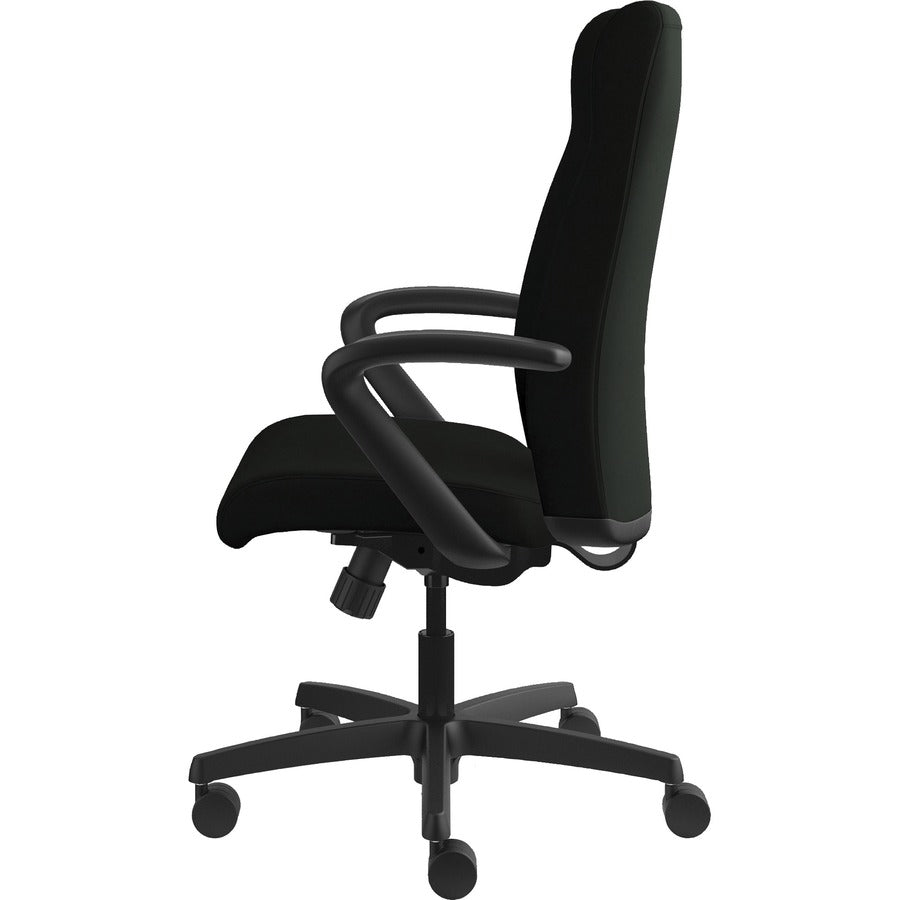 HON Ignition High-Back Executive Chair, Black Vinyl Seat, Black Fabric Back, Fixed Arms, 1 Each