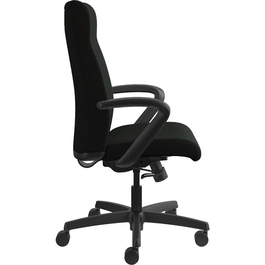 HON Ignition High-Back Executive Chair, Black Vinyl Seat, Black Fabric Back, Fixed Arms, 1 Each