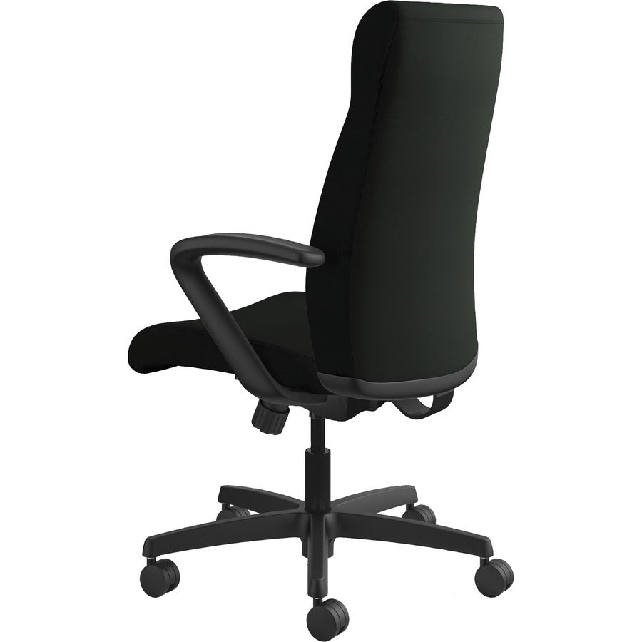 HON Ignition High-Back Executive Chair, Black Vinyl Seat, Black Fabric Back, Fixed Arms, 1 Each