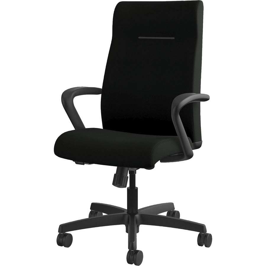 HON Ignition High-Back Executive Chair, Black Vinyl Seat, Black Fabric Back, Fixed Arms, 1 Each