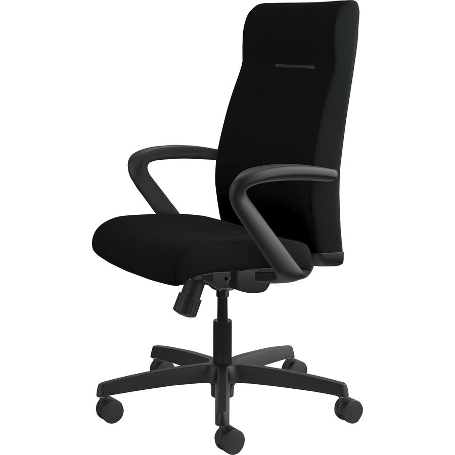 HON Ignition High-Back Executive Chair, Black Vinyl Seat, Black Fabric Back, Fixed Arms, 1 Each