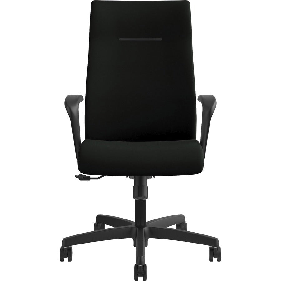 HON Ignition High-Back Executive Chair, Black Vinyl Seat, Black Fabric Back, Fixed Arms, 1 Each