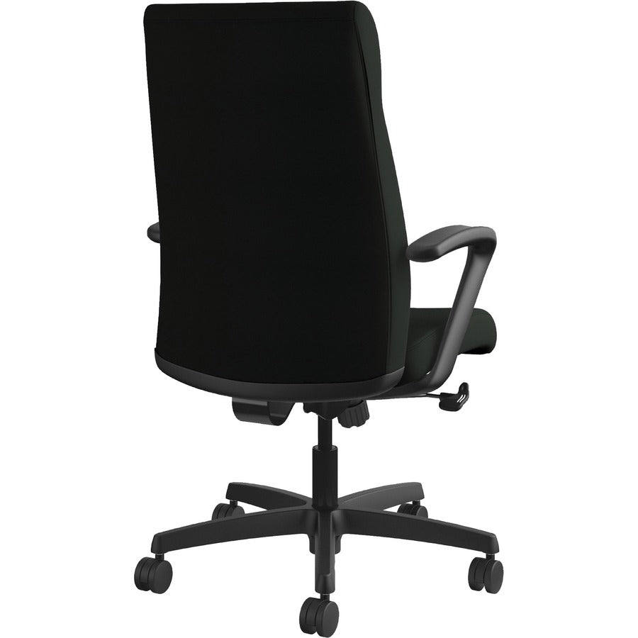 HON Ignition High-Back Executive Chair, Black Vinyl Seat, Black Fabric Back, Fixed Arms, 1 Each