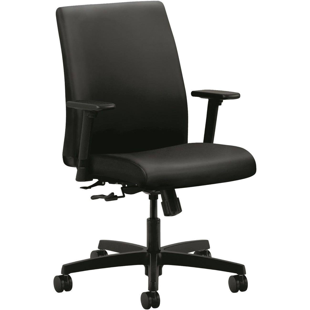HON Ignition Low-Back Task Chair, Black Vinyl Seat, Black Fabric Back, Adjustable Arms, 360° Swivel, 1 Each