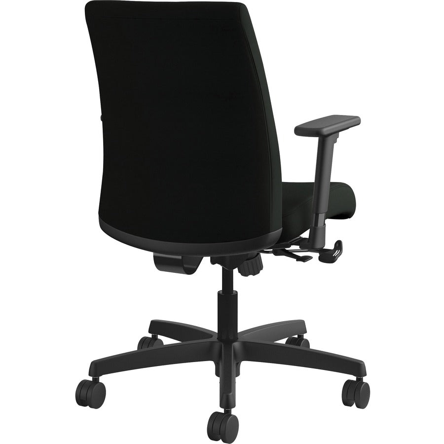 HON Ignition Low-Back Task Chair, Black Vinyl Seat, Black Fabric Back, Adjustable Arms, 360° Swivel, 1 Each