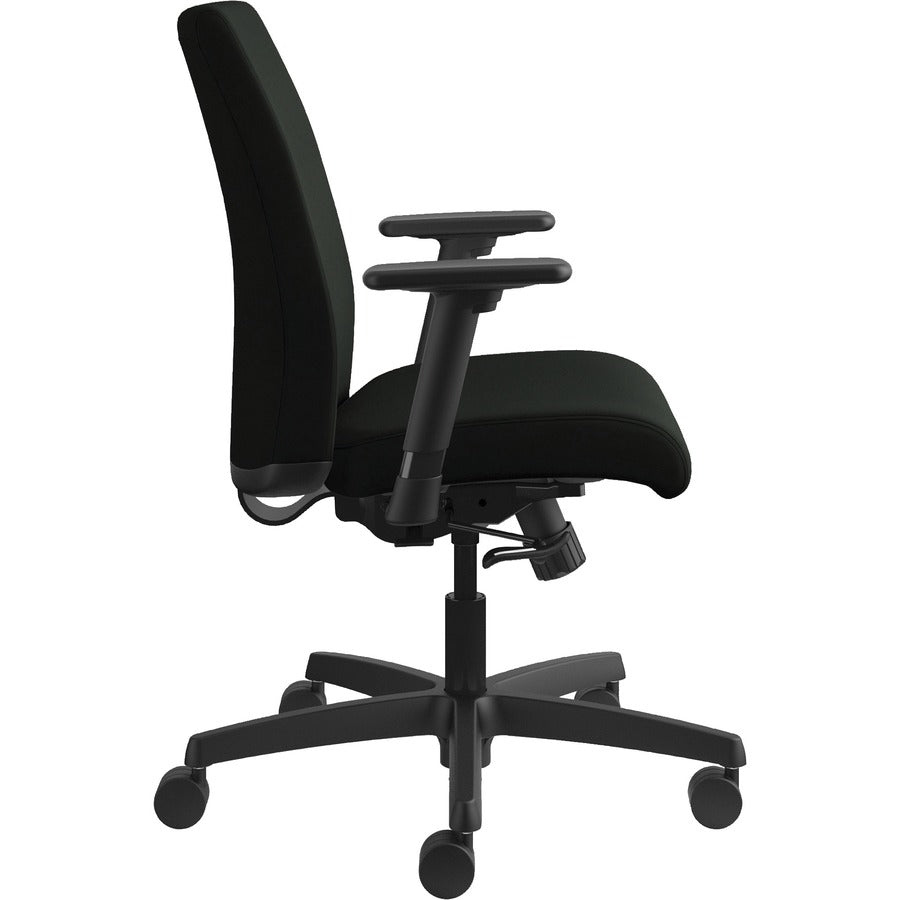 HON Ignition Low-Back Task Chair, Black Vinyl Seat, Black Fabric Back, Adjustable Arms, 360° Swivel, 1 Each