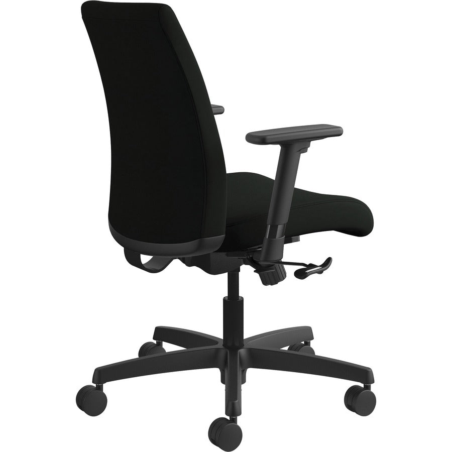 HON Ignition Low-Back Task Chair, Black Vinyl Seat, Black Fabric Back, Adjustable Arms, 360° Swivel, 1 Each