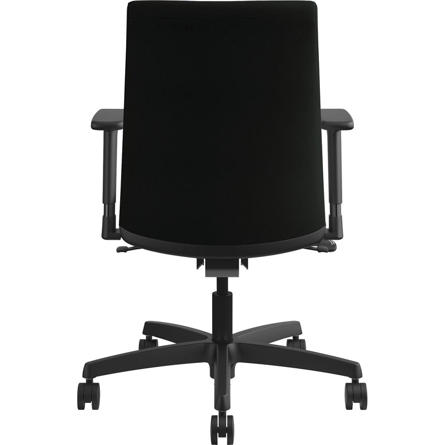 HON Ignition Low-Back Task Chair, Black Vinyl Seat, Black Fabric Back, Adjustable Arms, 360° Swivel, 1 Each