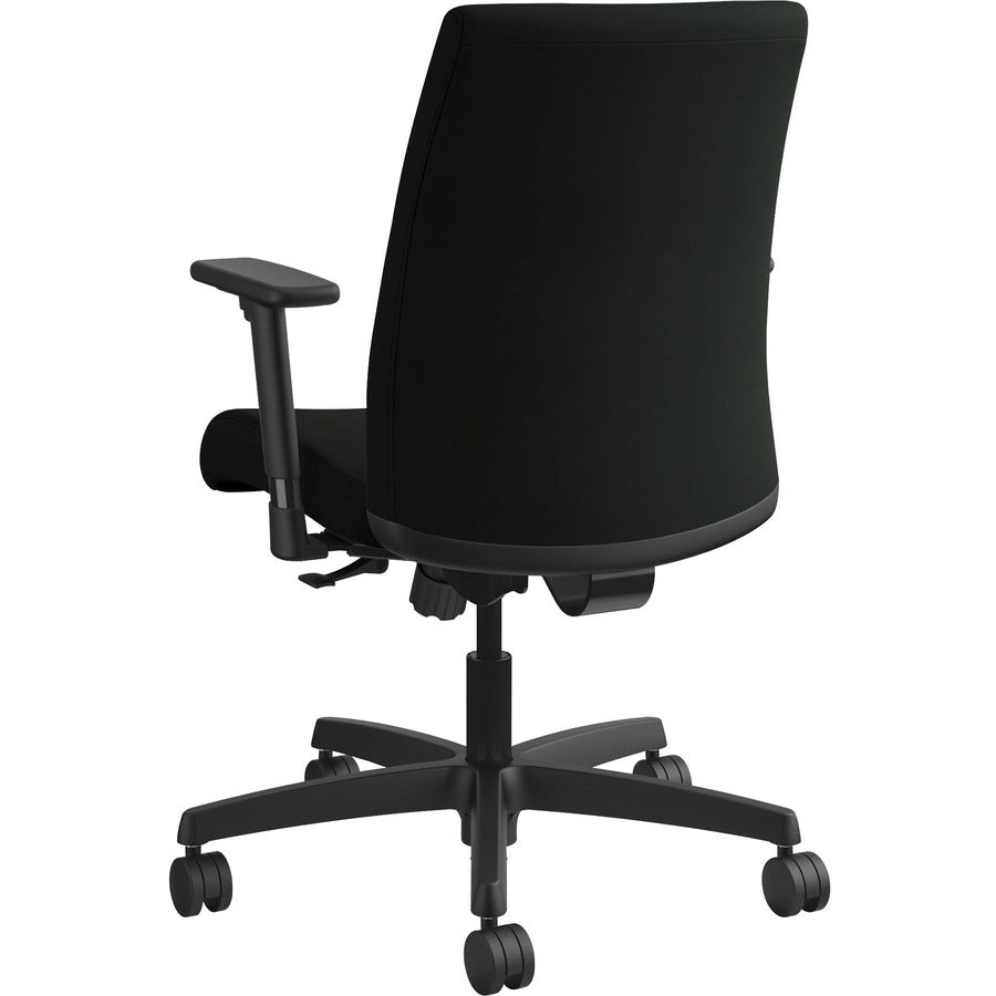 HON Ignition Low-Back Task Chair, Black Vinyl Seat, Black Fabric Back, Adjustable Arms, 360° Swivel, 1 Each