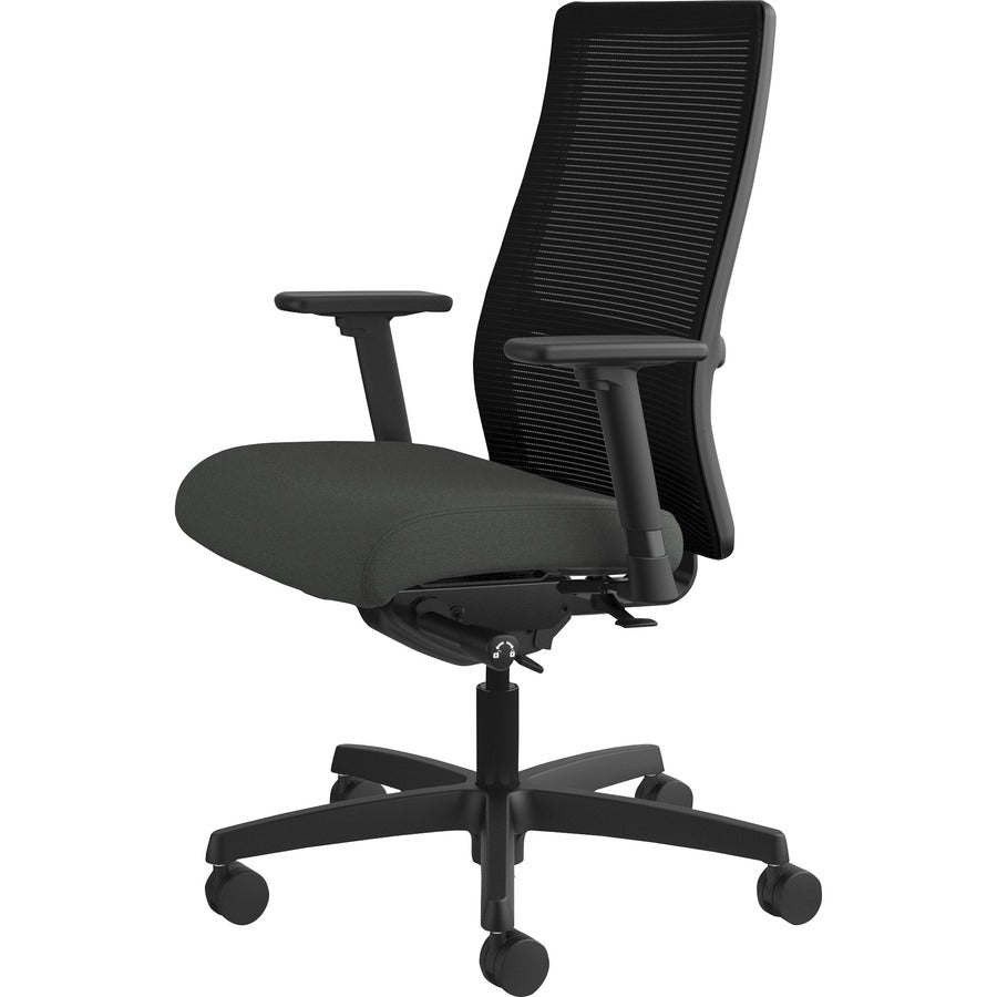 HON Ignition Mid-Back Task Chair, Iron Ore Fabric Seat, Black Mesh Back, Adjustable Arms, 5-Star Black Base, 1 Each