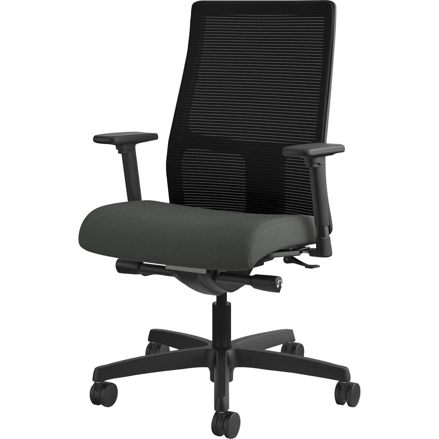 HON Ignition Mid-Back Task Chair, Iron Ore Fabric Seat, Black Mesh Back, Adjustable Arms, 5-Star Black Base, 1 Each