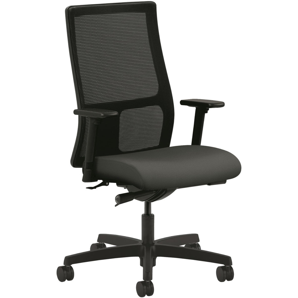 HON Ignition Mid-Back Task Chair, Iron Ore Fabric Seat, Black Mesh Back, Adjustable Arms, 5-Star Black Base, 1 Each