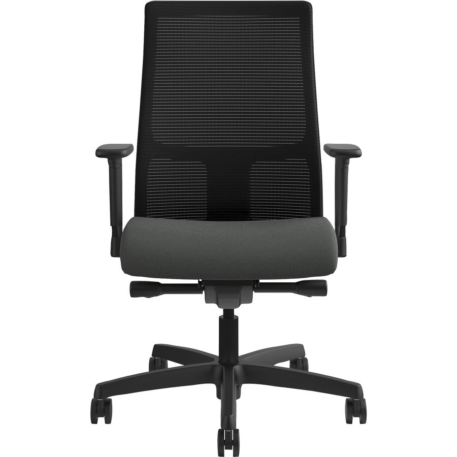 HON Ignition Mid-Back Task Chair, Iron Ore Fabric Seat, Black Mesh Back, Adjustable Arms, 5-Star Black Base, 1 Each