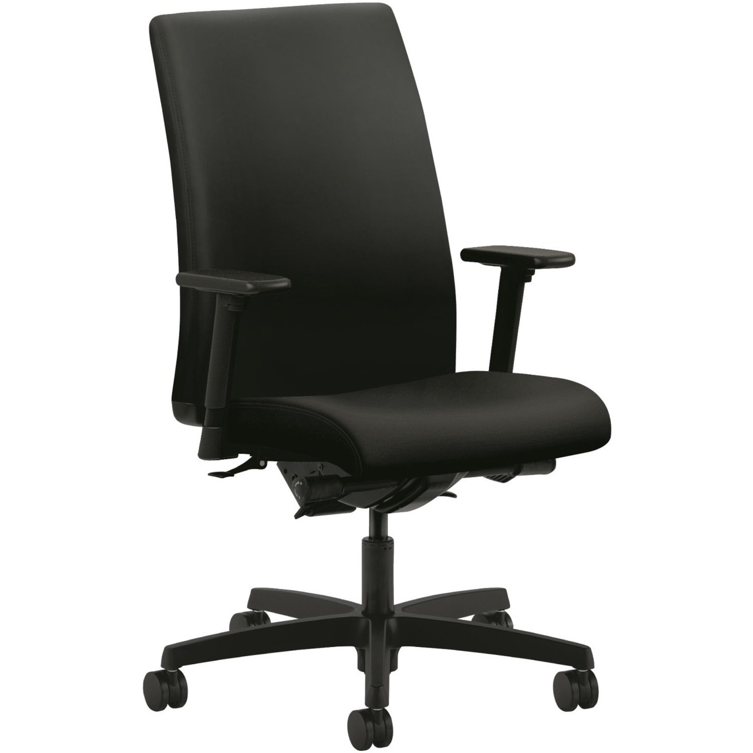 HON Ignition Mid-Back Task Chair, Black Vinyl Seat, Black Fabric Back, Adjustable Arms, 5-Star Base, 1 Each