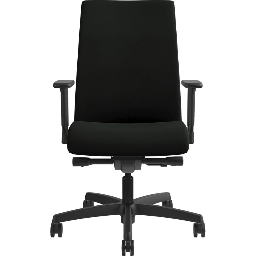 HON Ignition Mid-Back Task Chair, Black Vinyl Seat, Black Fabric Back, Adjustable Arms, 5-Star Base, 1 Each