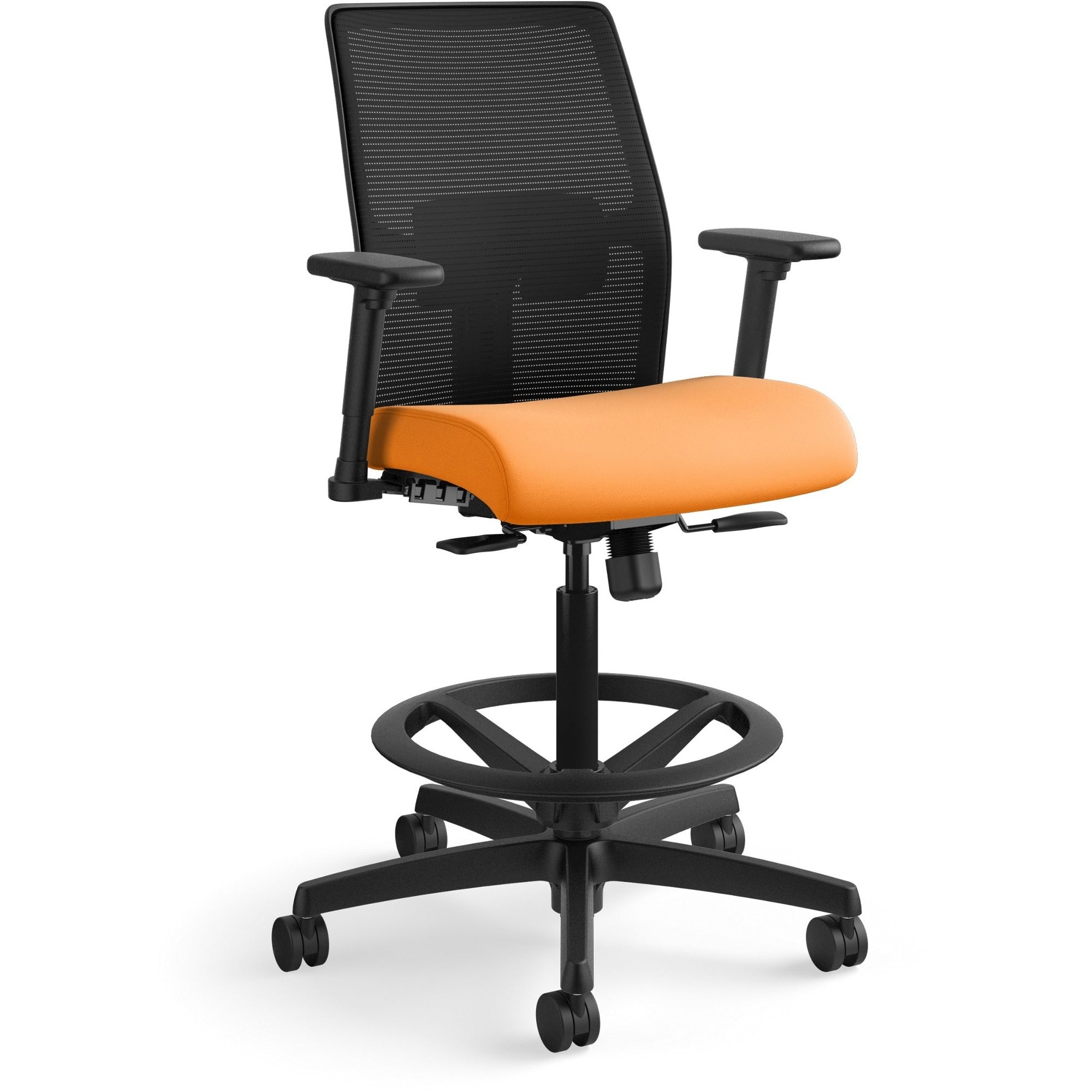 HON Ignition 2.0 Sitting Stool, Apricot Fabric Seat, Black Mesh Low Back, Adjustable Arms, 360° Swivel, 1 Each