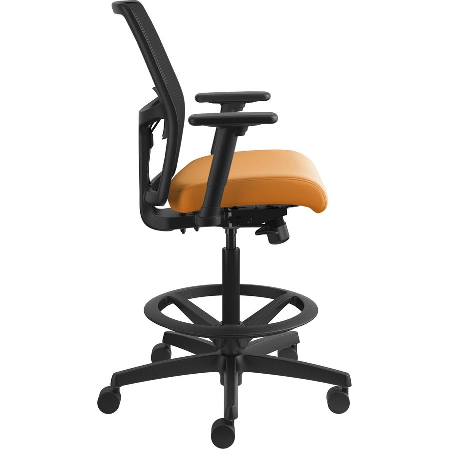 HON Ignition 2.0 Sitting Stool, Apricot Fabric Seat, Black Mesh Low Back, Adjustable Arms, 360° Swivel, 1 Each