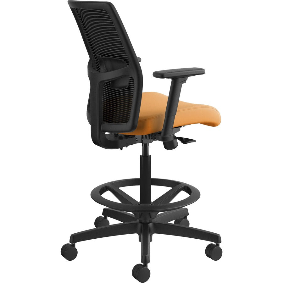 HON Ignition 2.0 Sitting Stool, Apricot Fabric Seat, Black Mesh Low Back, Adjustable Arms, 360° Swivel, 1 Each