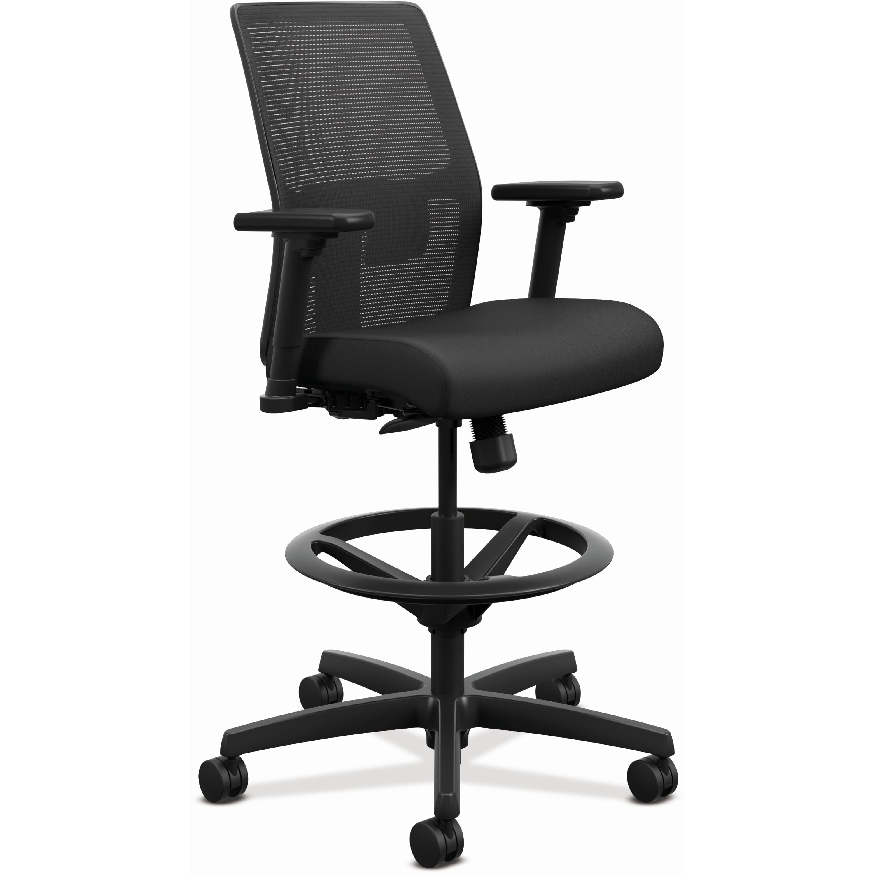 HON Ignition 2.0 Sitting Stool, Low Back, Mesh Back, Vinyl Seat, Adjustable Arms, Black, 1 Each