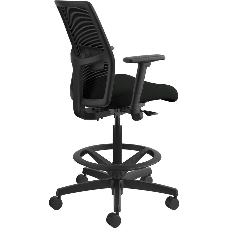 HON Ignition 2.0 Sitting Stool, Low Back, Mesh Back, Vinyl Seat, Adjustable Arms, Black, 1 Each