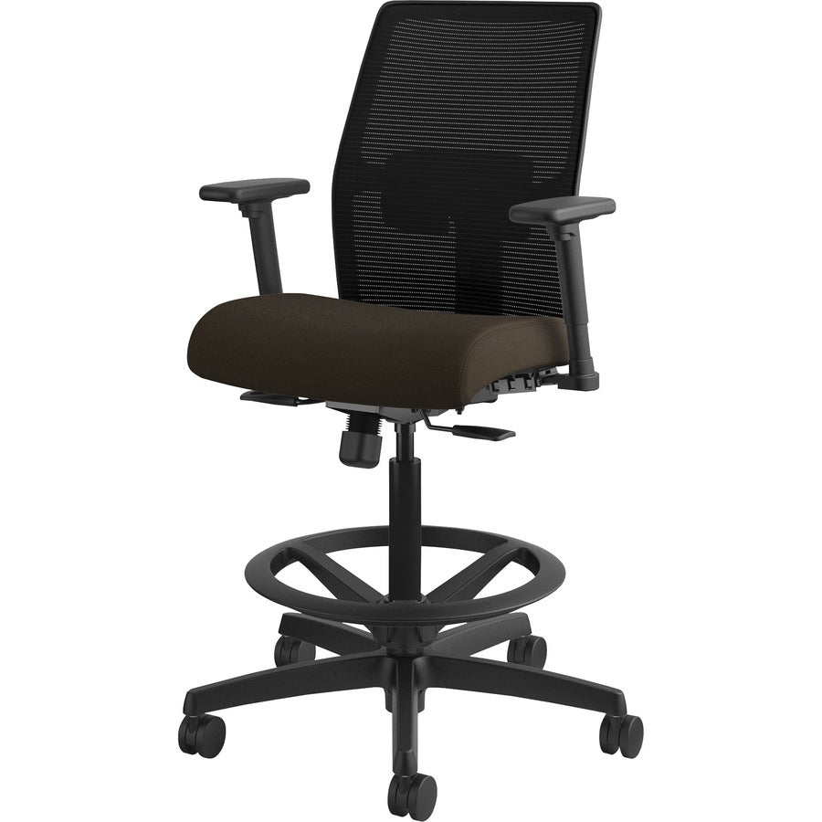 HON Ignition 2.0 Sitting Stool, Espresso Fabric Seat, Black Mesh Low Back, Adjustable Arms, 360° Swivel, 1 Each