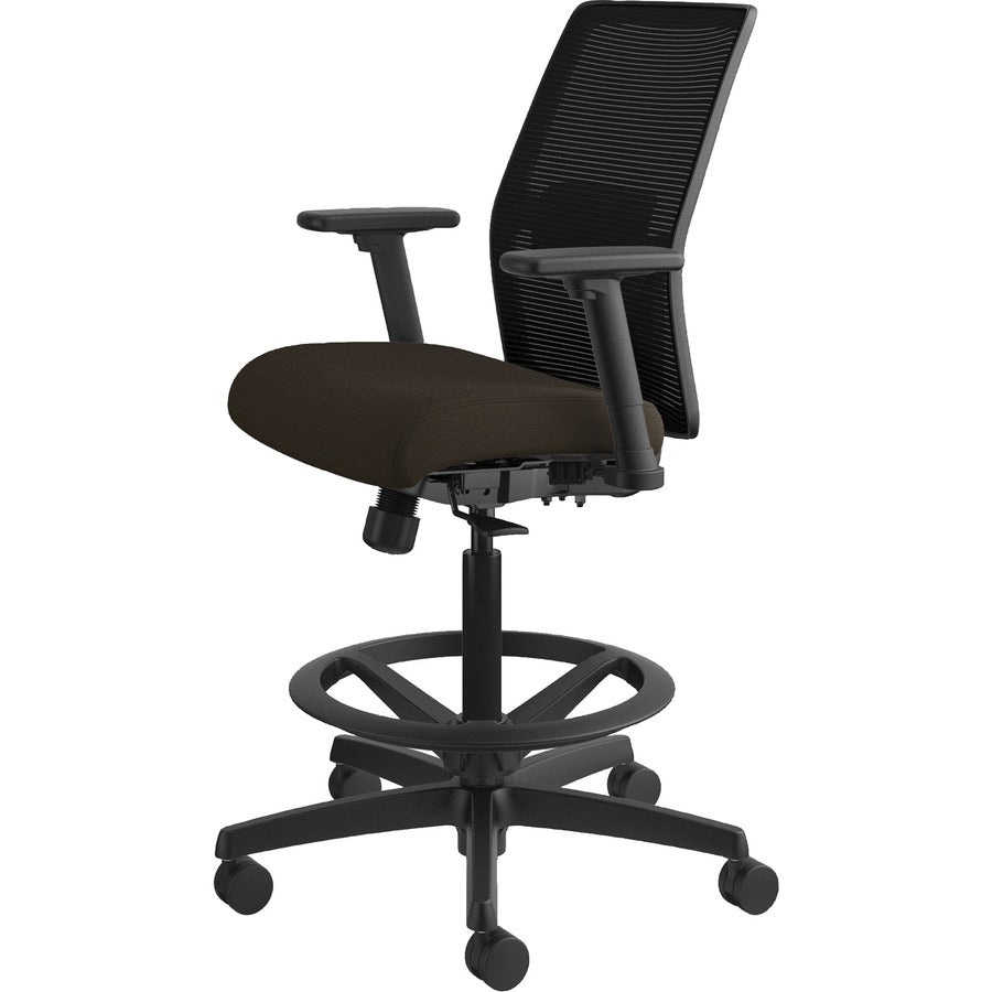 HON Ignition 2.0 Sitting Stool, Espresso Fabric Seat, Black Mesh Low Back, Adjustable Arms, 360° Swivel, 1 Each