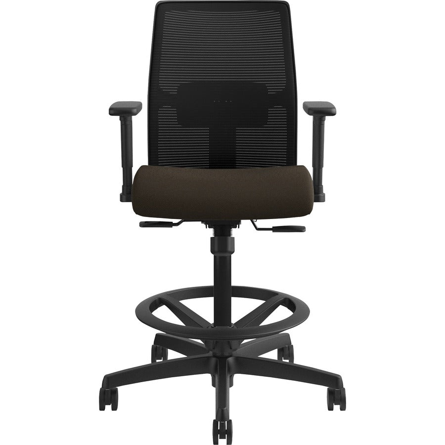 HON Ignition 2.0 Sitting Stool, Espresso Fabric Seat, Black Mesh Low Back, Adjustable Arms, 360° Swivel, 1 Each