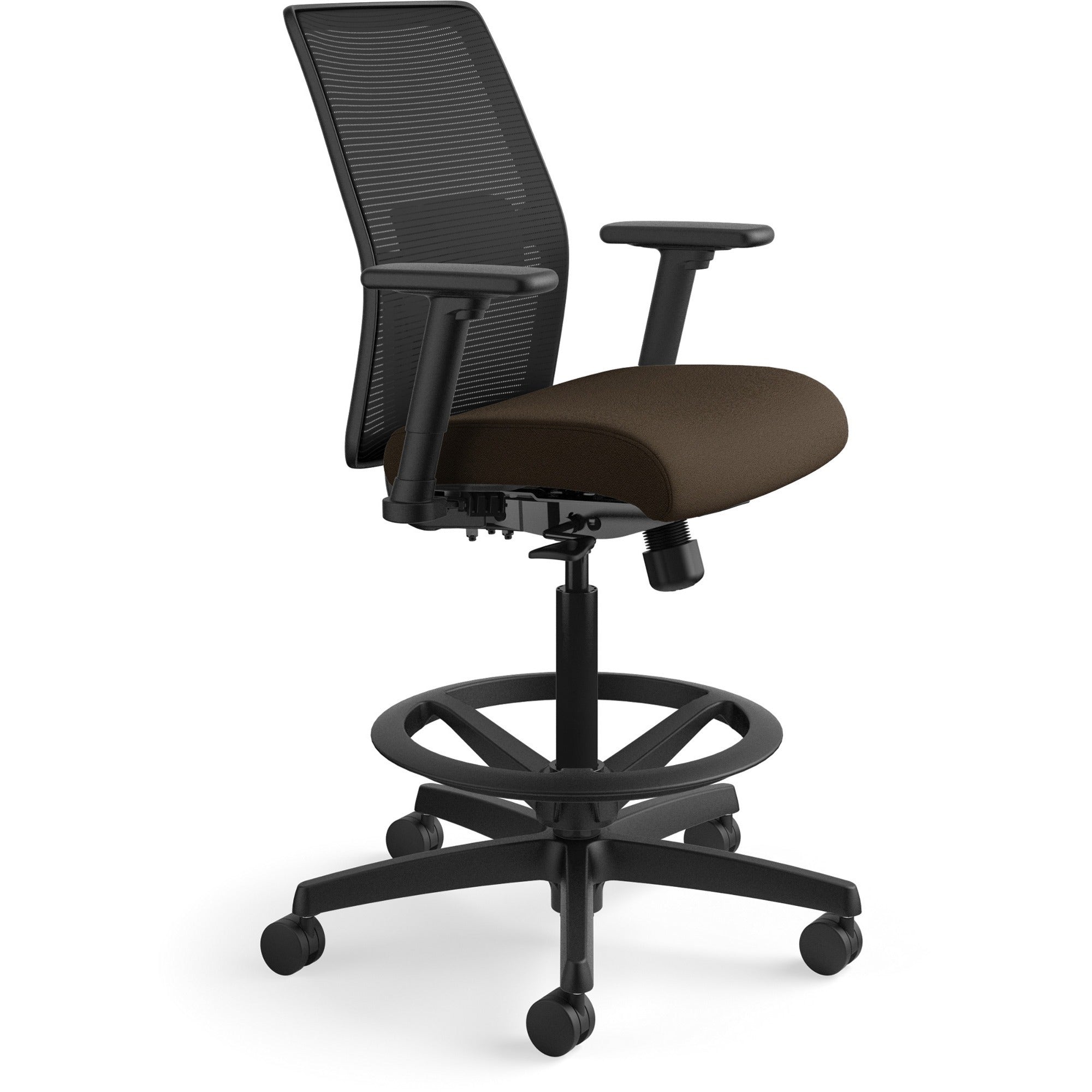 HON Ignition 2.0 Sitting Stool, Espresso Fabric Seat, Black Mesh Low Back, Adjustable Arms, 360° Swivel, 1 Each