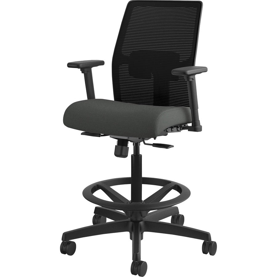 HON Ignition 2.0 Sitting Stool, Iron Ore Fabric Seat, Black Mesh Low Back, Adjustable Arms, 360° Swivel, 1 Each