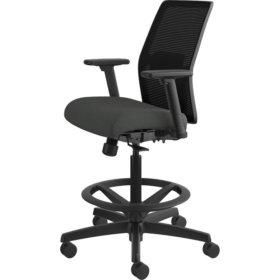 HON Ignition 2.0 Sitting Stool, Iron Ore Fabric Seat, Black Mesh Low Back, Adjustable Arms, 360° Swivel, 1 Each