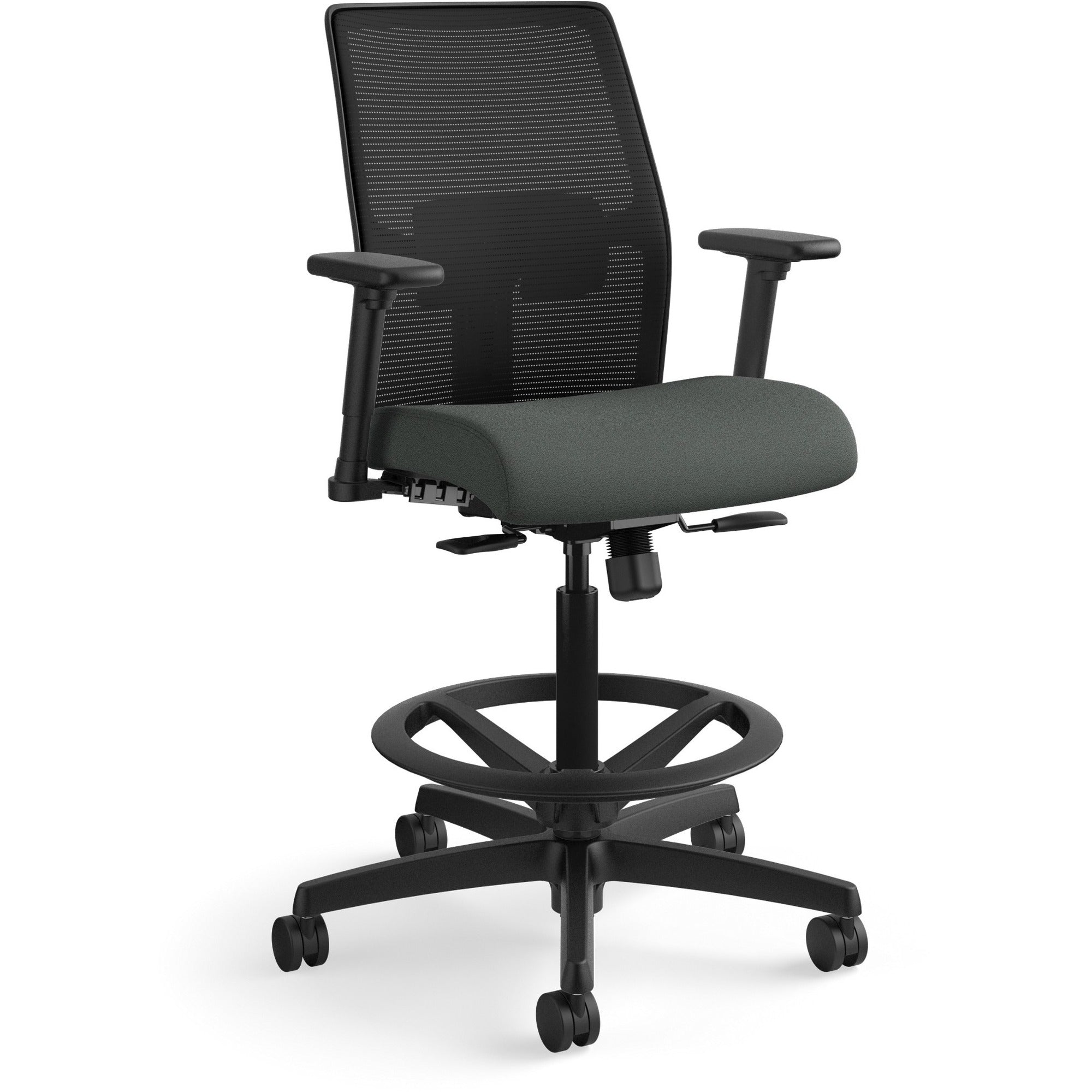 HON Ignition 2.0 Sitting Stool, Iron Ore Fabric Seat, Black Mesh Low Back, Adjustable Arms, 360° Swivel, 1 Each
