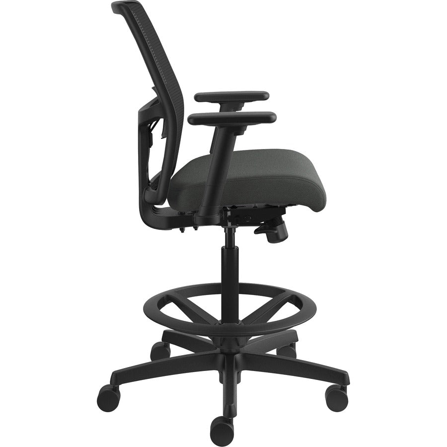 HON Ignition 2.0 Sitting Stool, Iron Ore Fabric Seat, Black Mesh Low Back, Adjustable Arms, 360° Swivel, 1 Each