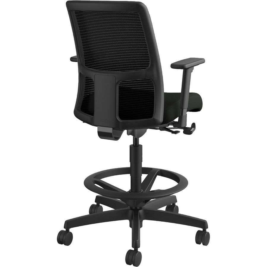 HON Ignition Sitting Stool, Black Vinyl Seat, Mesh Low Back, Adjustable Arms, Black Frame, 1 Each
