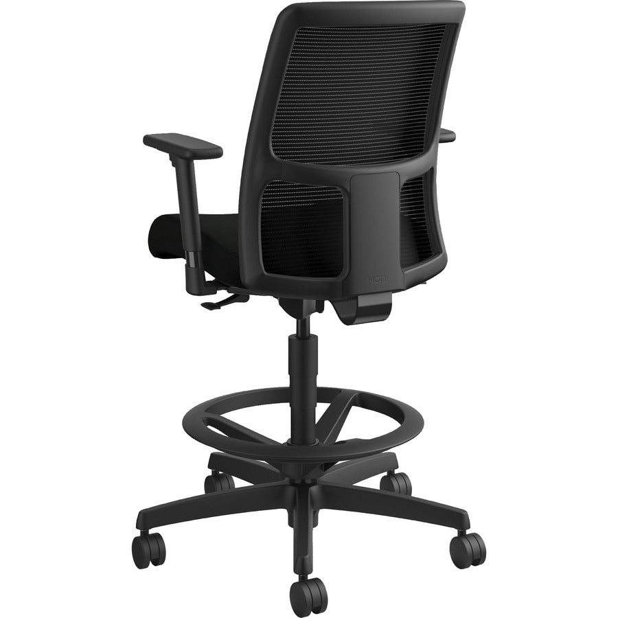 HON Ignition Sitting Stool, Black Vinyl Seat, Mesh Low Back, Adjustable Arms, Black Frame, 1 Each