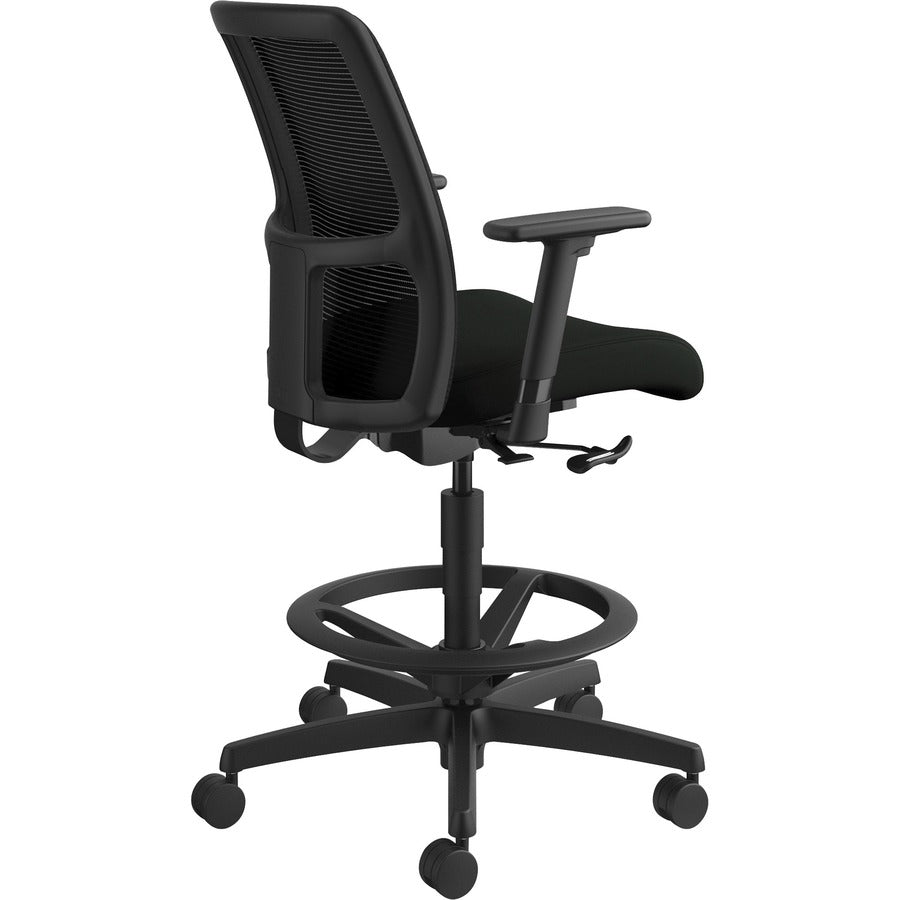 HON Ignition Sitting Stool, Black Vinyl Seat, Mesh Low Back, Adjustable Arms, Black Frame, 1 Each