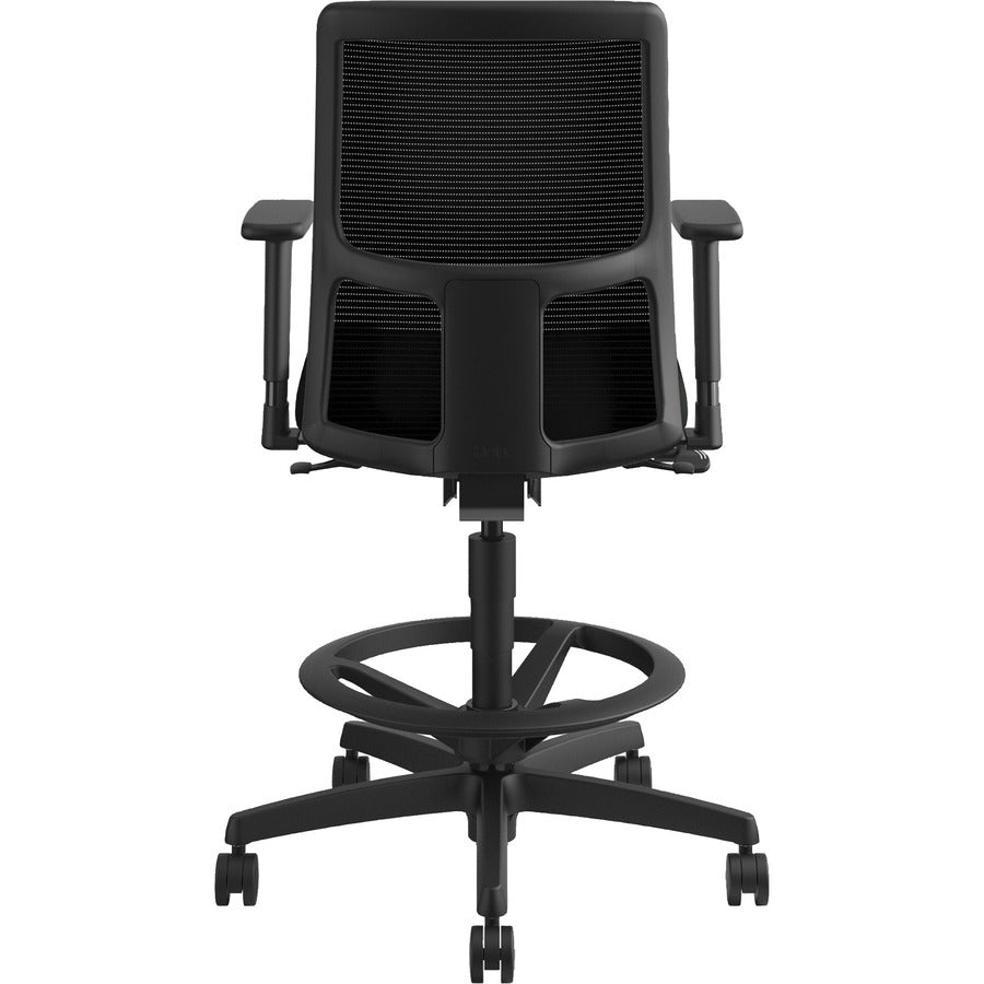 HON Ignition Sitting Stool, Black Vinyl Seat, Mesh Low Back, Adjustable Arms, Black Frame, 1 Each