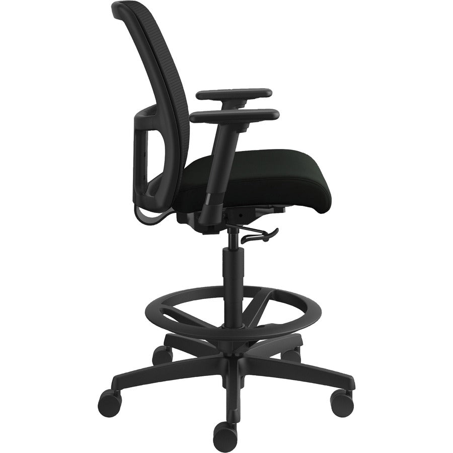 HON Ignition Sitting Stool, Black Vinyl Seat, Mesh Low Back, Adjustable Arms, Black Frame, 1 Each