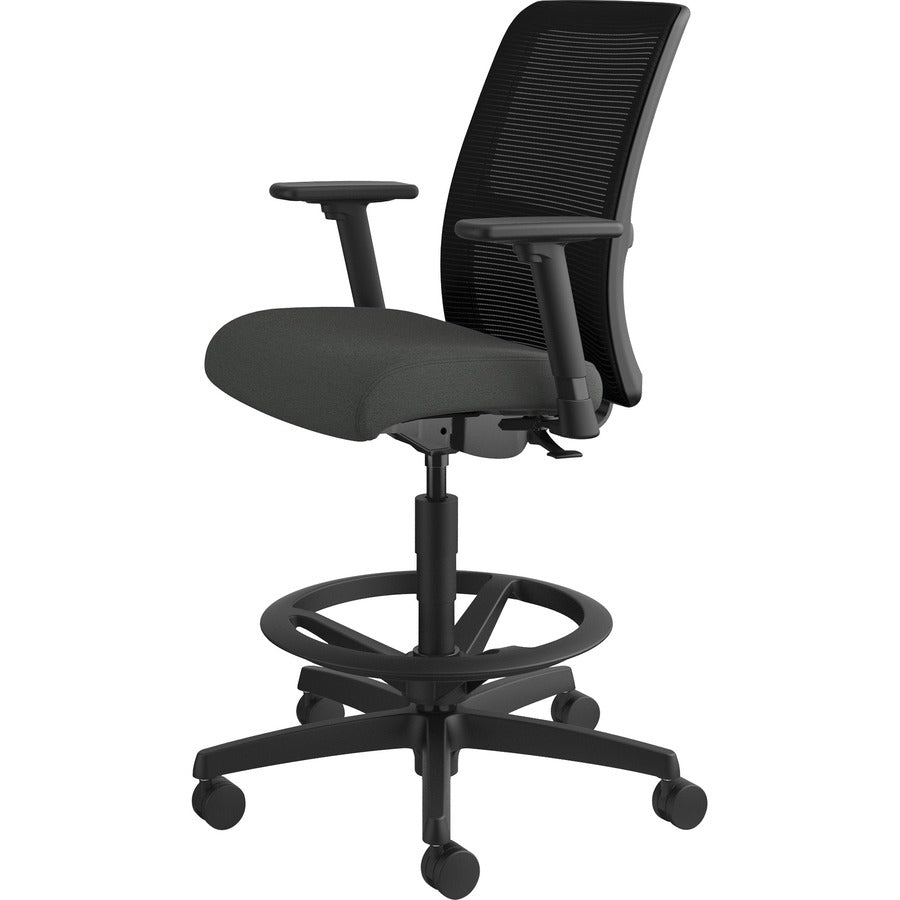 HON Ignition Sitting Stool, Low Back, Iron Ore Fabric Seat, Black Mesh Back, Adjustable Arms and Footrest, 360° Swivel, 1 Each