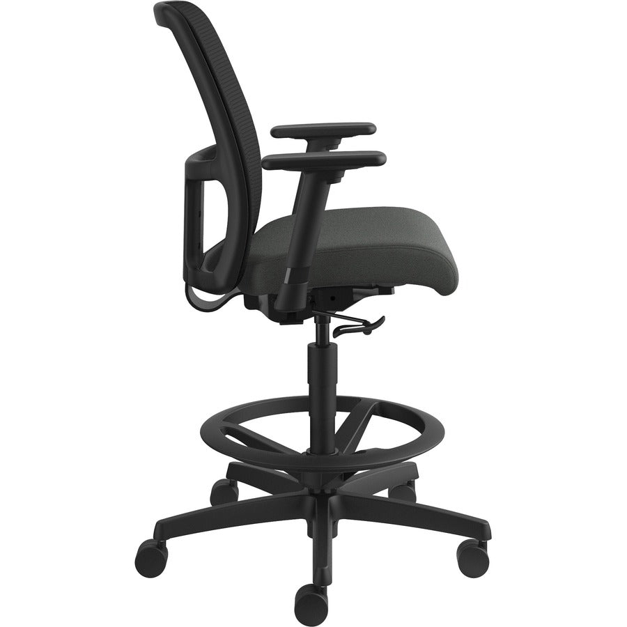 HON Ignition Sitting Stool, Low Back, Iron Ore Fabric Seat, Black Mesh Back, Adjustable Arms and Footrest, 360° Swivel, 1 Each
