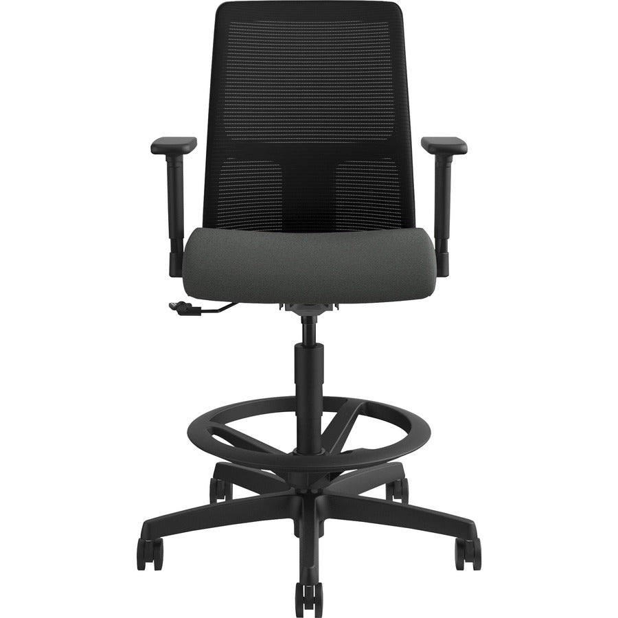 HON Ignition Sitting Stool, Low Back, Iron Ore Fabric Seat, Black Mesh Back, Adjustable Arms and Footrest, 360° Swivel, 1 Each