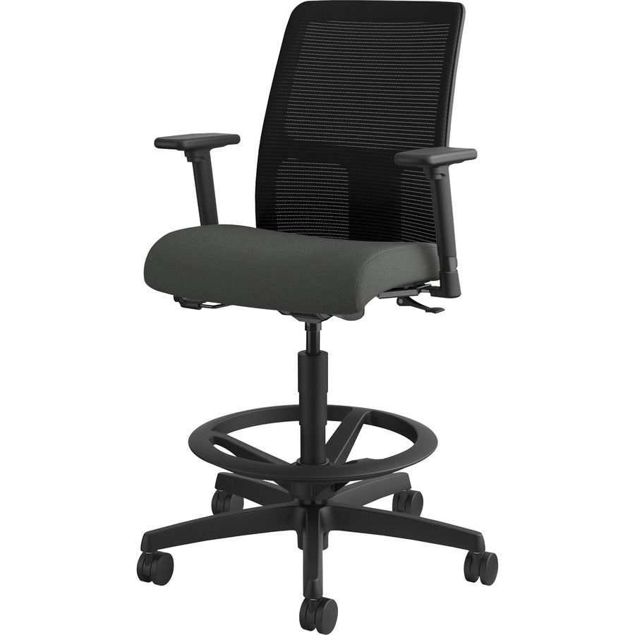 HON Ignition Sitting Stool, Low Back, Iron Ore Fabric Seat, Black Mesh Back, Adjustable Arms and Footrest, 360° Swivel, 1 Each
