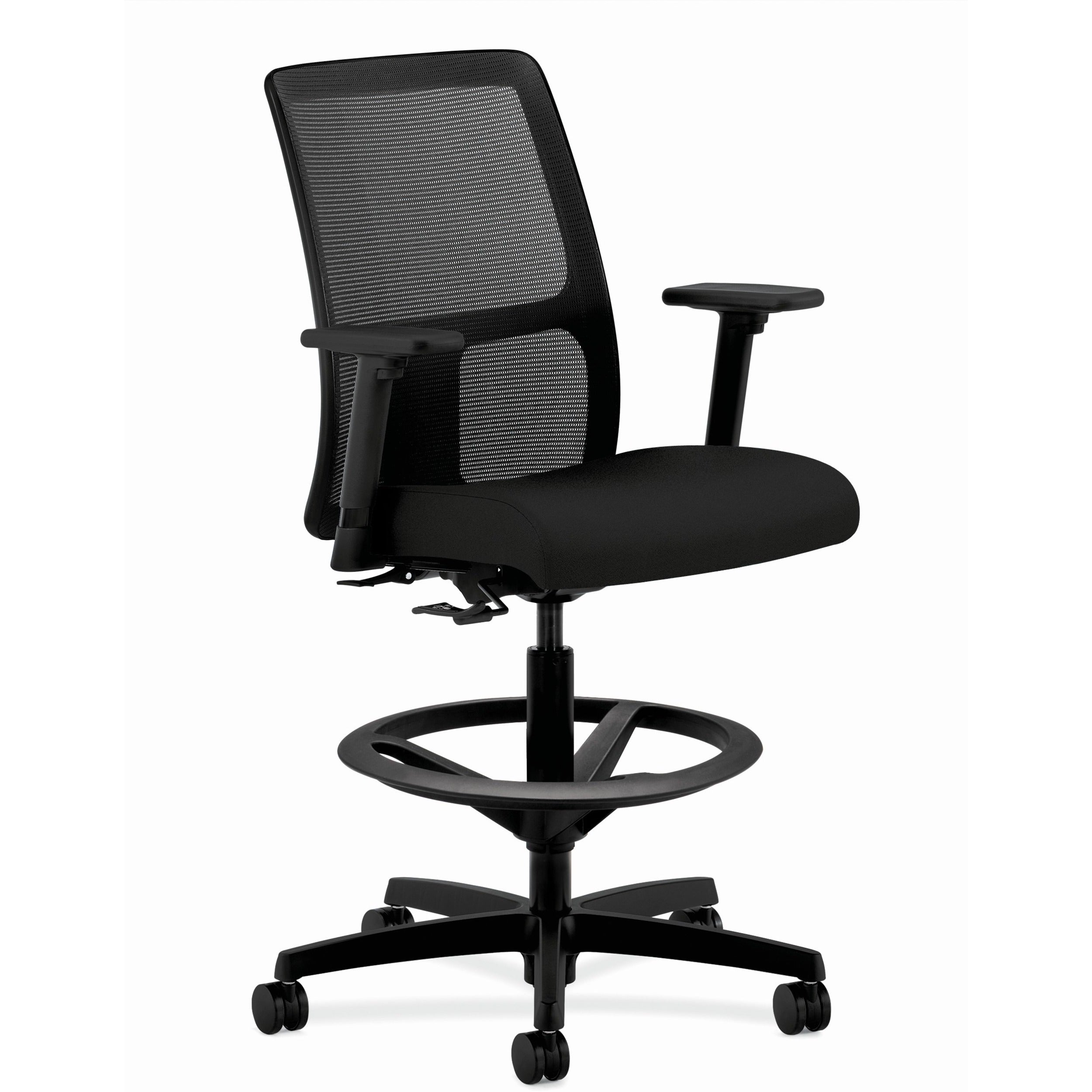 HON Ignition Sitting Stool, Black Fabric Seat, Black Mesh Low Back, Adjustable Arms, 360° Swivel, 1 Each